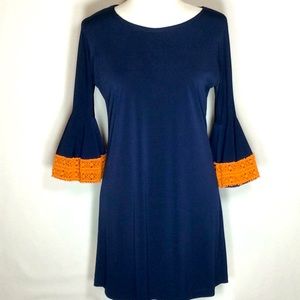 Navy Dress with Orange Bell Sleeve Detail